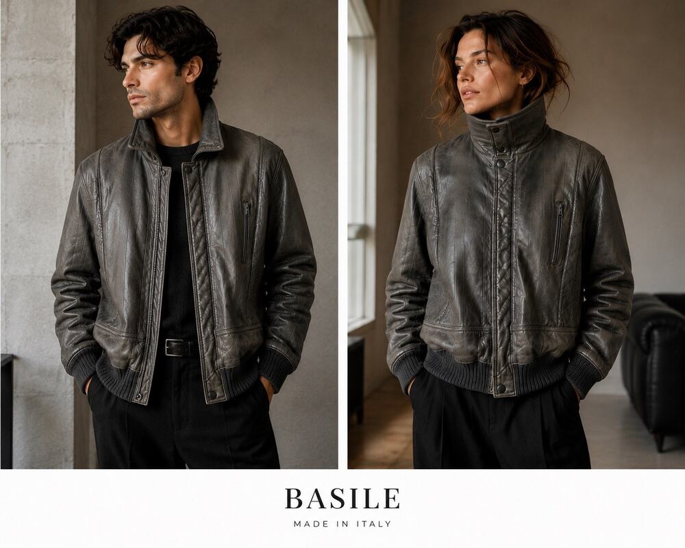 Vintage Basile Italy Mens M Gray Leather Bomber Jacket 90s Designer Moto